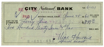 Moe Howard Check Signed to Larry Fine -- Endorsed by Larry on Verso -- Dated 28 June 1960 -- Very Good Condition